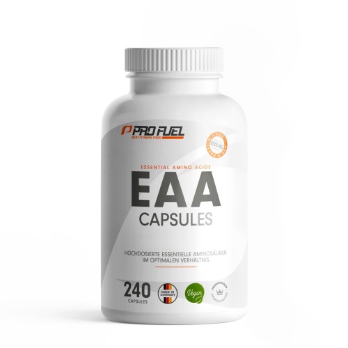 Biały słoik ProFuel EAA Capsules 240 kapsułek z pomarańczowo-szarym logo i napisem Essential Amino Acids. Na etykiecie oznaczenia Made in Germany, Vegan i Premium Quality. Tło białe.