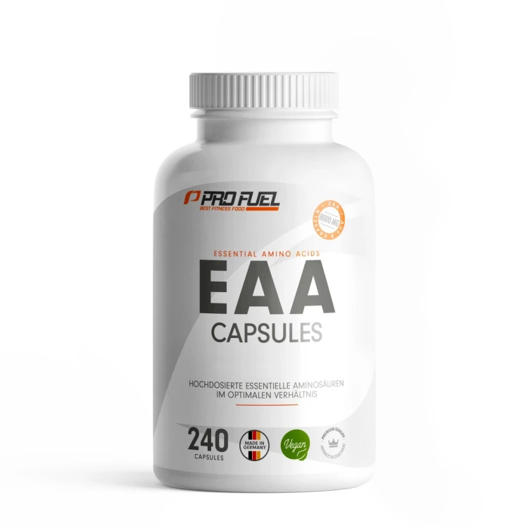 Biały słoik ProFuel EAA Capsules 240 kapsułek z pomarańczowo-szarym logo i napisem Essential Amino Acids. Na etykiecie oznaczenia Made in Germany, Vegan i Premium Quality. Tło białe.