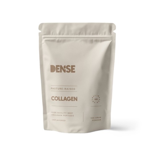 Kolagen wołowy Dense 500 g – przód nowego opakowania: stojąca saszetka z zamknięciem strunowym, etykieta z logo DENSE i nazwą produktu, na białym tle.